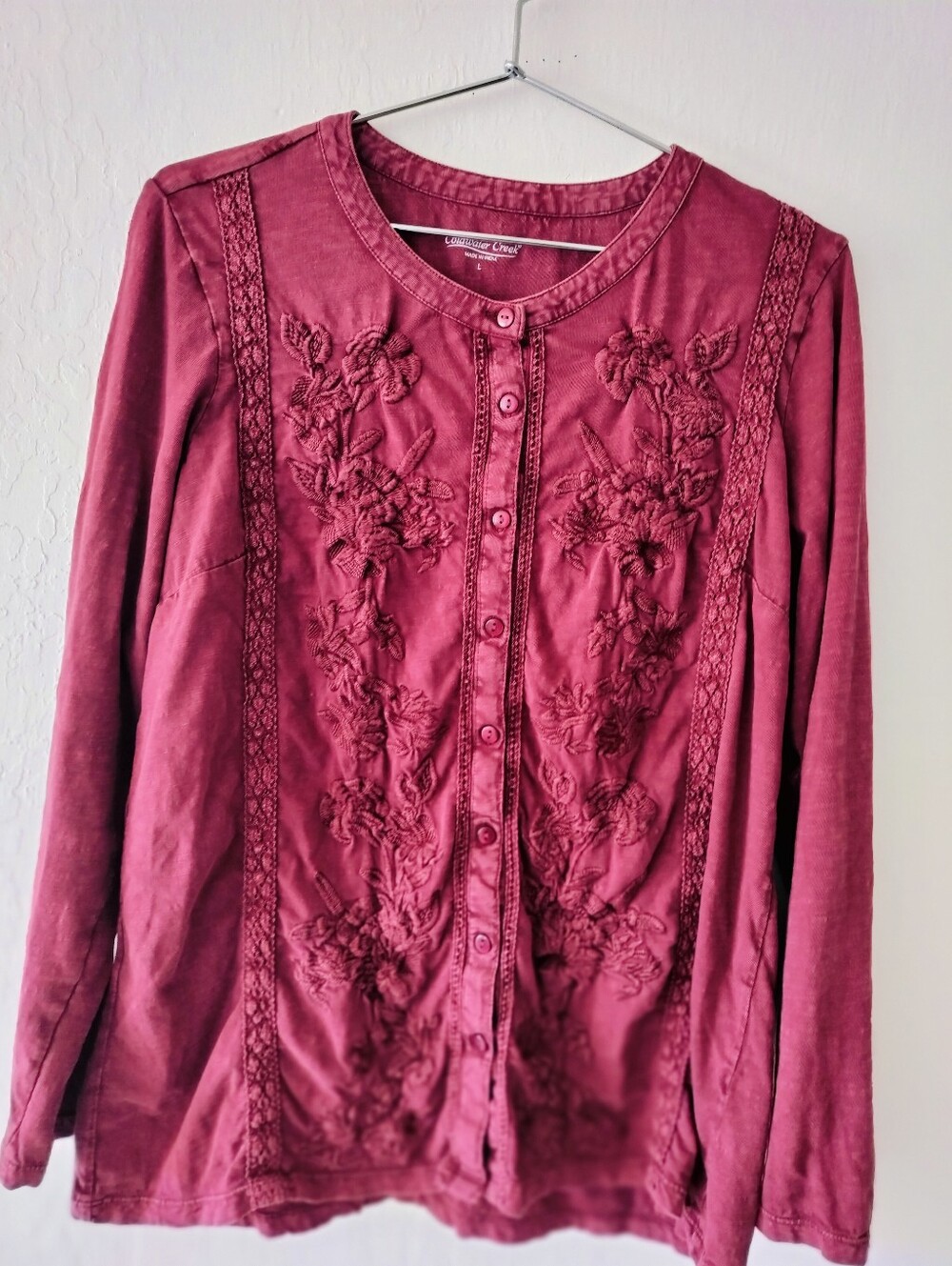 Coldwater Creek Maroon Floral Embroidered 100% Cotton Blouse, Size L